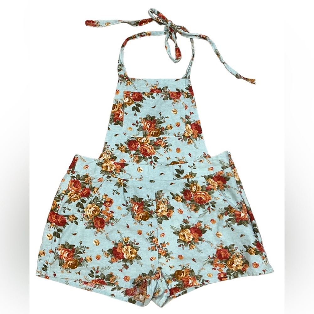 Little girl linen feel halter tie overalls floral light blue romper